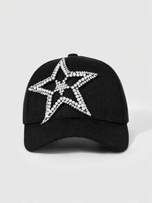 1 Gorra de béisbol con estampado de estrella y diamantes, sombrero de color negro sólido estilo Y2K, hebilla ajustable en la parte posterior, artículo de moda personalizado para uso diario - Blanco y Negro - Ver 3