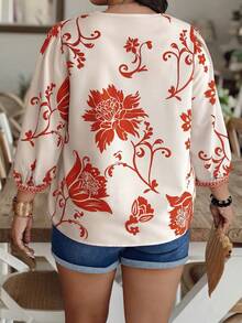 Weeklong Áo kiểu tay phồng cổ chữ V in họa tiết hoa ngẫu nhiên, thích hợp mặc thường ngày cho phụ nữ cỡ lớn. - Nhiều màu - Xem 2