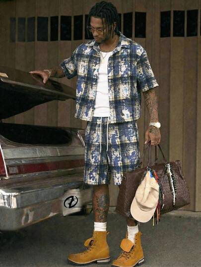 AXEPEAK Men's Plaid Short Sleeve Single-Breasted Shirt And Drawstring Waist Shorts Set