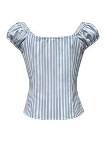 Glimmora Blusa casual de mujer con cuello cuadrado, manga corta y estampado de rayas - Azul - Ver 2