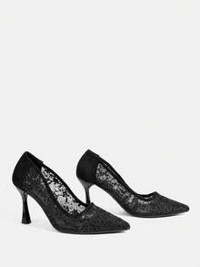 CUCCOO TILAWA Women's Solid Color Mesh High Heels, Lace Mesh Slip-On Shoes, Elegant High Heels, Pointed Toe Charming Formal Shoes - Black - View 4