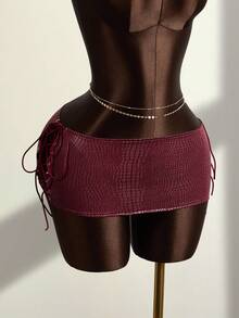 Zestiva Women's Faux Crocodile Texture Side Eyelet Lace-Up Bodycon Skirt - Red - View 5