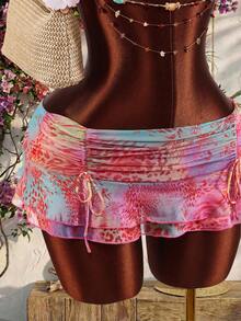 Amplova 女士两件套，带胸罩罩杯细节，新款豹纹和花卉印花，粉色花卉图案，性感前卫，适合度假穿着，饰有串珠配饰，抽绳下摆迷你裙，性感套装 - 粉色 - 查看 7