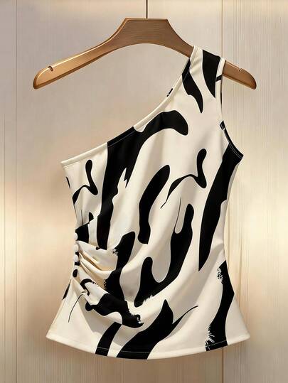 Franclia Women's Elegant Vacation Pleated Asymmetric Neck Printed Blouse