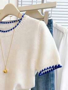 Franclia 法式复古宽松圆领短袖撞色针织上衣，女士春秋季款 - 彩色 - 查看 3