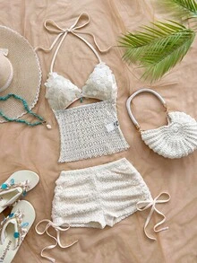 Soleia 女士复古度假风V领露背系带修身撞色上衣搭配低腰褶皱抽绳短裤两件套，适合派对、圣诞节、约会、夜店、海滩、邮轮、下午茶、波西米亚风、度假、秋季等场合。 - 杏色 - 查看 3