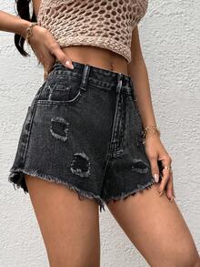 Sunnyshic Quần short denim nữ kiểu dáng thường ngày, rách gấu. - Màu xanh lam - Xem 6