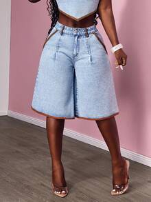 Slaydiva 女士宽松版型带口袋阔腿七分牛仔裤 - 藍色 - 查看 4