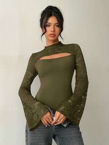 Aloruh Áo liền thân nữ thanh lịch cổ tròn, phối ren, khoét rỗng, màu đỏ tía. - xanh quân đội - Xem 3