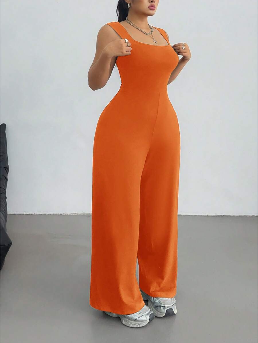 Vibekara 大码春夏女式纯色优雅宽松休闲露肩无袖运动学院风简约休闲方领阔腿连体裤 - 橘色 - 查看 1