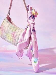 My Little Pony X SHEIN 时尚甜美可爱浅紫色光滑柔软缎面方巾独角兽卡通印花真丝围巾头巾，适合作为礼物户外旅行拍照搭配 - 彩色 - 查看 7