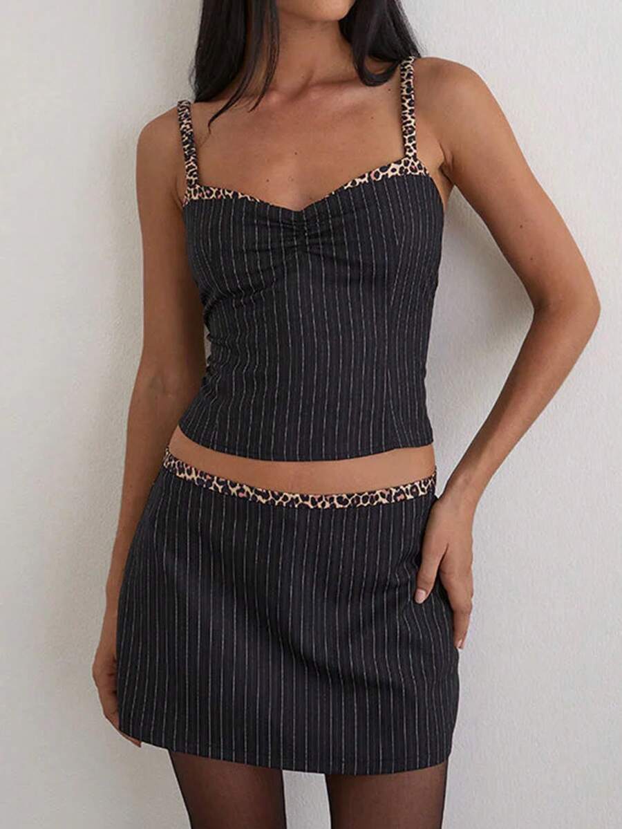 Women's Vacation Leopard Print & Striped Camisole Top And Bodycon Mini Skirt 2-Piece Set Striped Two Piece Set Black Two Piece Set Two Piece Skirt Set Top And Skirt Set Pinstripe Two Piece Set Women Vacation Outfit Sets Women Two Piece Outfit Women Summer Outfits 2 Piece Women 2 Piece Outfit Casual Women Outfits Sets - Black - View 1