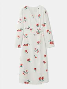 lacRébo Đầm maxi dệt màu vàng bơ dáng quấn với họa tiết hoa đỏ, phong cách cổ điển thanh lịch mùa xuân hè kiểu Pháp, phong cách Paris. - Màu be - Xem 9