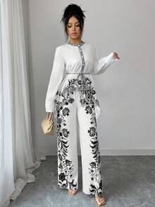 Elenzga Women's 2-Piece Set: Elegant Chinoiserie Print Round Neck Blouse With Tie Waist And Asymmetrical Hem, Paired With Elastic Waist Printed Straight Leg Pants, Outfit - Multicolor - View 6