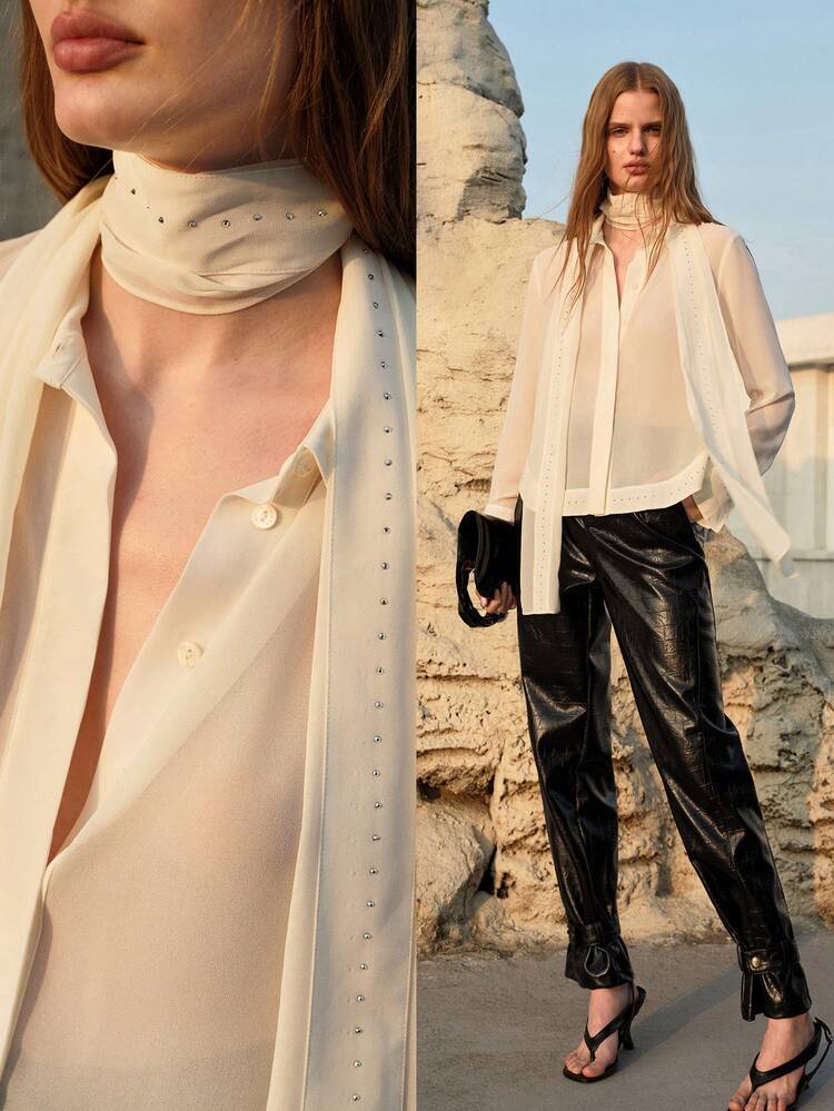 WOMEN'S CHIFFON RHINESTONE TIE SCARF BLOUSE, SPRING/SUMMER