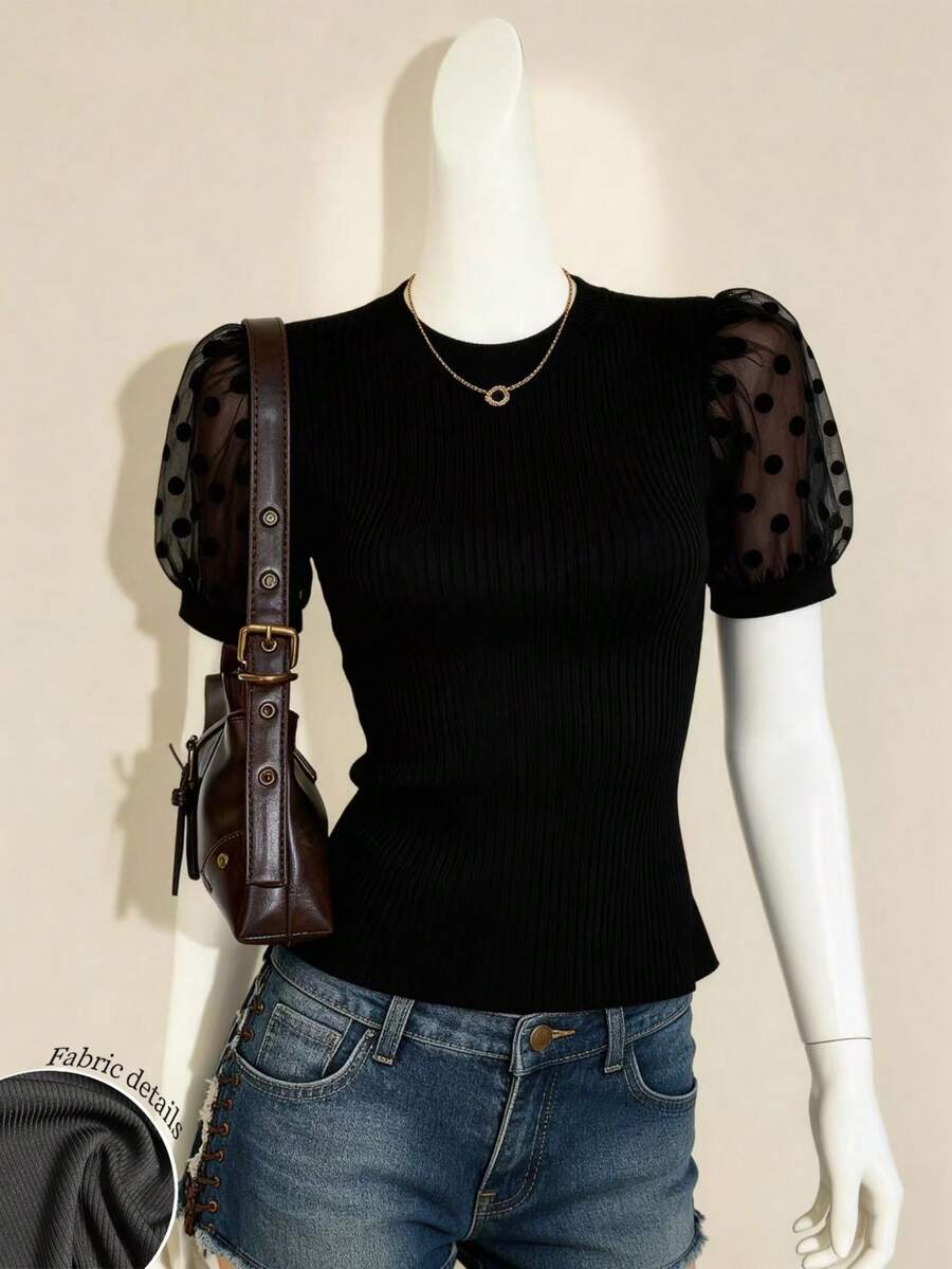 GlowEve New Spring/Summer Mesh Polka Dot Petal Sleeve Splicing Round Neck Fitted Textured Knit T-Shirt, Slimming Top For Women Tops For Women Elegant Black See Through Top Puff Sleeve Top Black Puff Sleeve Top - Black - View 1