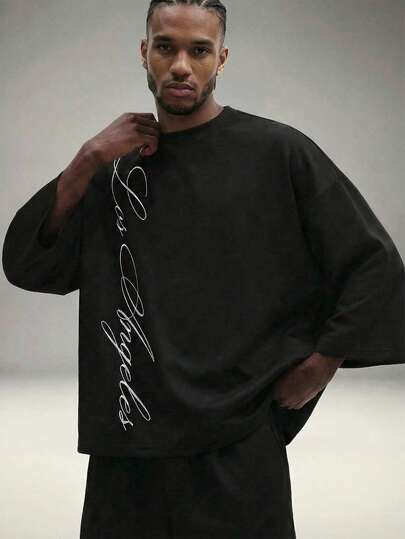 AXEPEAK 男士字母印花宽松圆领落肩七分袖T恤，简约风格