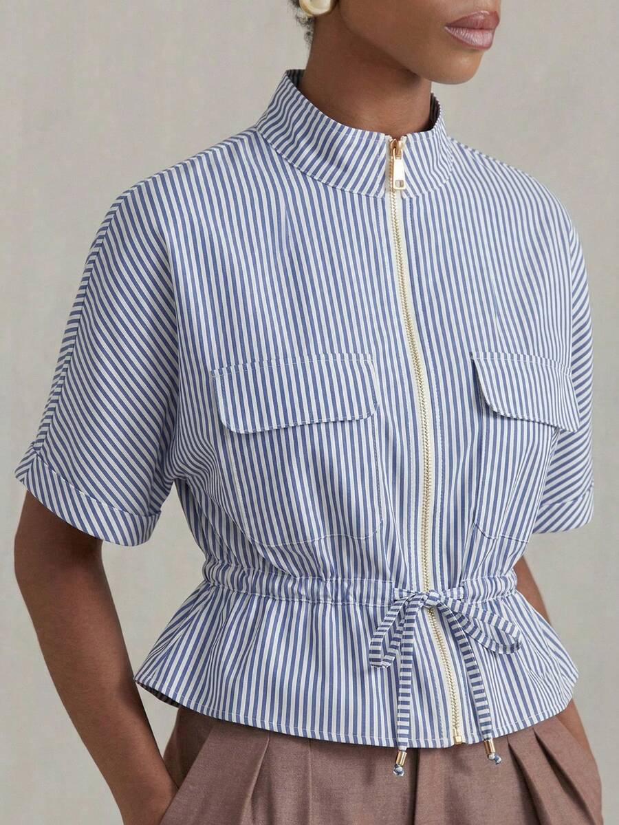 Aveloria Modichic Fashionable Short Utility Shirt With Two Symmetrical Chest Pockets, Cinched Waist Design, Overall Neat And Practical - Blue - View 1