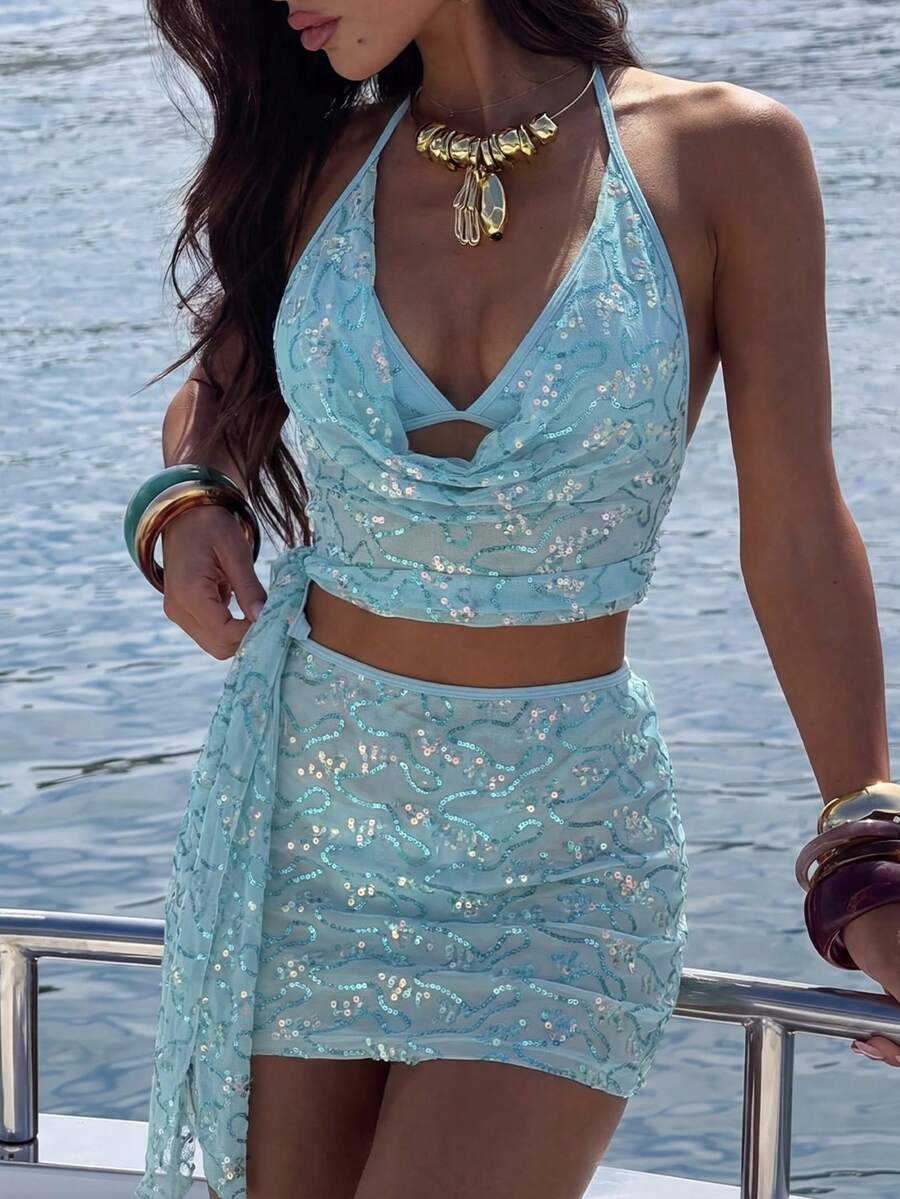 SHEIN Glamour 2026春夏亮片垂褶领四件套，蓝色泳衣三件套，泳装三件套，泳装三件套，裙式泳装套装，Swim Oasis三件套 - 藍色 - 查看 1