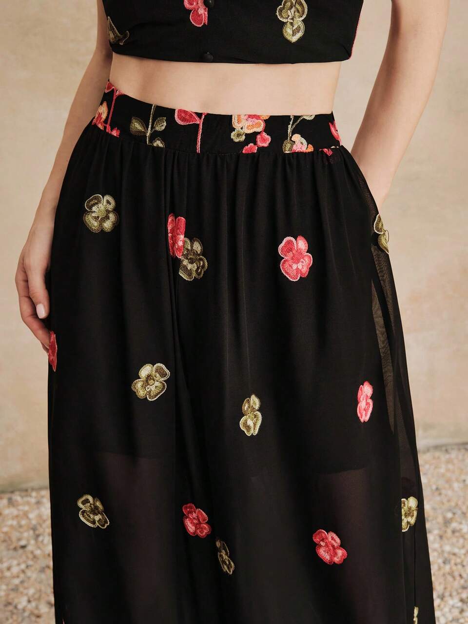 Anewsta High Waist Draping Embroidered Floral Loose Wide Leg Pants For Women