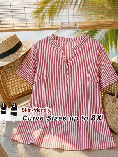 SHEIN CURVE+ Camisa casual de mujer talla curva US22 con cuello con abertura, a rayas rosas, para festival de música o vacaciones en la playa, estilo bohemio