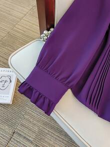 GlowEve CURVE Plus Size Women Long Sleeve Small Stand Collar Striped Casual Solid Color Ruffle Cuff Fashion Shirt, Suitable For Daily Commute - Purple - View 4