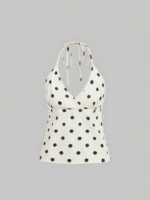 SHEIN MOD Women's Polka Dot Print Backless Halter Denim Top - Multicolor - View 1