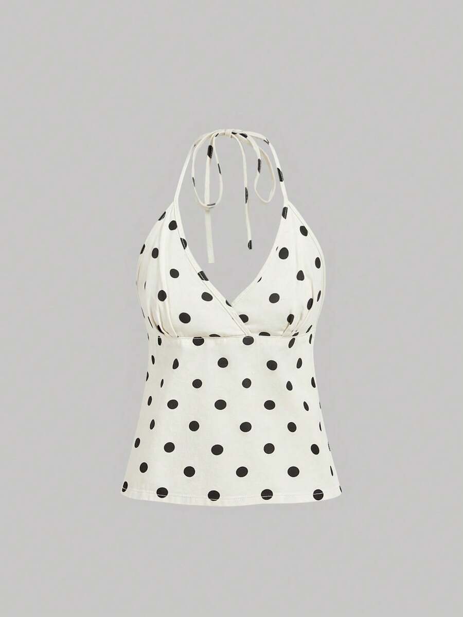 SHEIN MOD Women's Polka Dot Print Backless Halter Denim Top - Multicolor - View 1