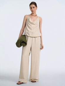Aalyst Women's Fashionable Sleeveless Deep Draped Neck Loose Casual Jumpsuit, Romantic & Elegant For Daily Wear, Commute, Date, Party, Dining, Spring/Summer - Apricot - View 5