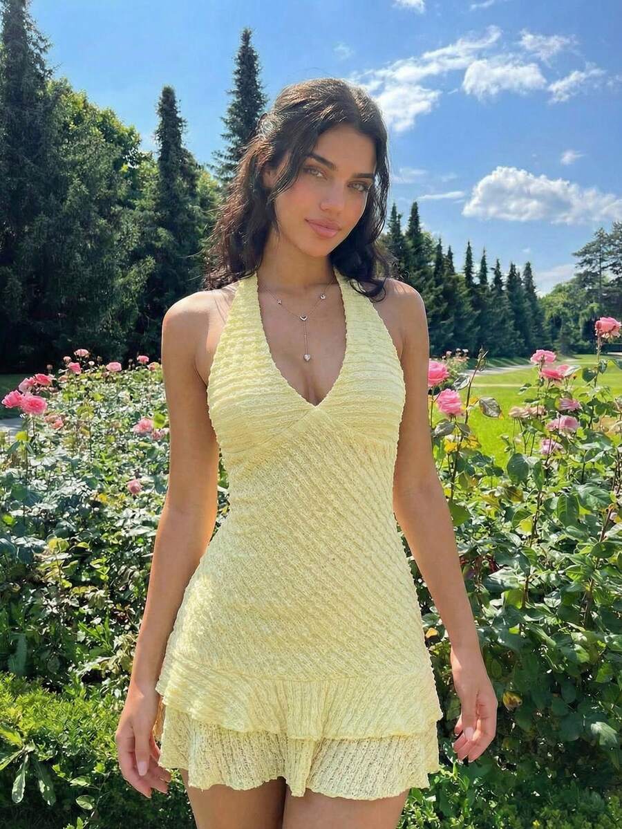 Sweetina Đầm ngắn hở lưng cổ yếm, viền bèo nhún gợi cảm dành cho nữ, thích hợp cho mùa hè. - Màu vàng ngỗng - Xem 1