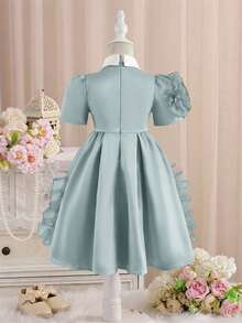 Bộ đầm thanh lịch dành cho bé gái với họa tiết hoa 3D ở gấu đầm. - Màu xanh Cadet - Xem 2