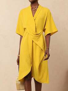 Vesra 时尚休闲度假V领宽松短袖女式连衣裙 - 黃色 - 查看 4