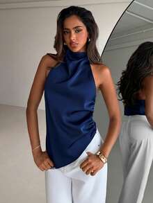 Aloruh Women's Solid Color Elegant Backless Halter Neck Blouse, Suitable For Party, Commute And Vacation,Summer Top - Navy Blue - View 4