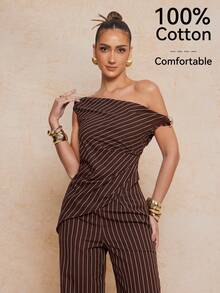 Lumalex 女士夏季时尚条纹不对称上衣和裤子两件套 - 咖啡棕 - 查看 11