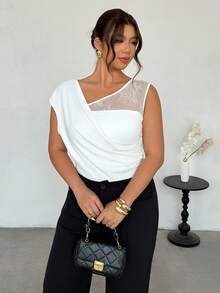 Firerie 女士优雅简约浪漫精致时尚度假新款日常通勤不对称蕾丝拼接荷叶边白色T恤上衣，春夏款 - 白色 - 查看 6