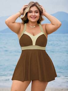 Swim Lushoire Ensemble de maillot de bain modeste 2 pièces pour femmes grandes tailles, avec camisole à bretelles fines, taille froncée et ourlet évasé. Décontracté pour l'été et les vacances - Multicolore - Voir 4