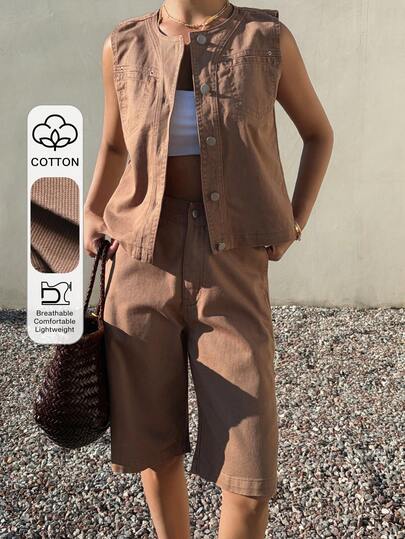 Livesso 女士休闲无袖上衣和短裤纯棉纯色牛仔套装，夏季