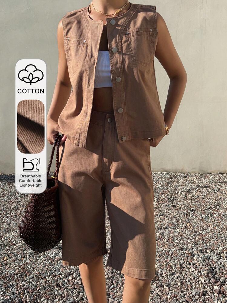 Women's Casual Sleeveless Top And Shorts Cotton Solid Color Denim Suit, Summer