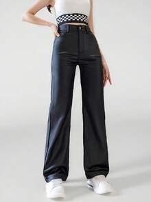 SHEIN Sparklyn 少女 Y2K Y3K 街头服饰复古抽绳腰部弹性涂层直筒牛仔裤，全年必备时尚单品 - 黑色 - 查看 1