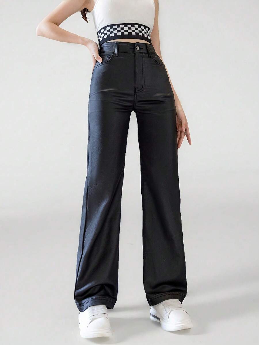 SHEIN Sparklyn 少女 Y2K Y3K 街头服饰复古抽绳腰部弹性涂层直筒牛仔裤，全年必备时尚单品 - 黑色 - 查看 1