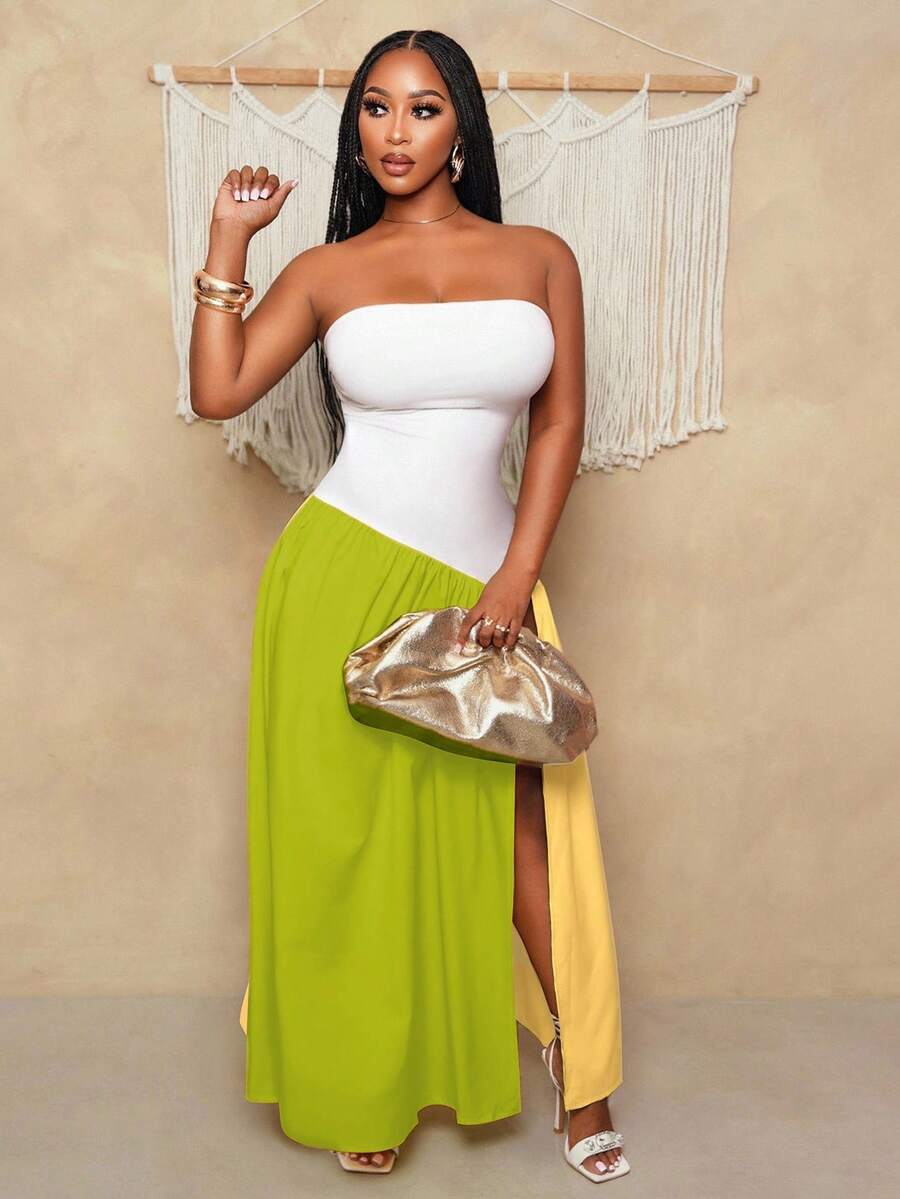 BamGleam Vestido sin tirantes de moda con abertura lateral y dobladillo de color contrastante, vestido de verano para mujer, atuendos de verano para mujer, vestido de verano para mujer, atuendos de verano para mujer, atuendos de vacaciones para mujer - Verde - Ver 1