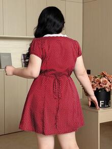 Vibekara Đầm mini nữ kiểu Pháp cổ điển mùa xuân/hè mới, cổ chữ V, ren xếp ly, in chấm bi, dáng rộng, thoải mái, thích hợp cho đi chơi phố hoặc du lịch. - Đỏ - Xem 2