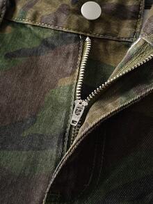 Manfinity Joysei 男式休闲工装口袋迷彩磨边宽松牛仔短裤 - 軍綠色 - 查看 4