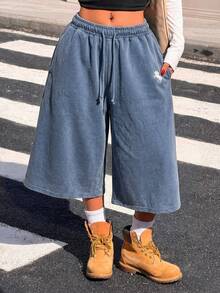 Muchica 女士复古水洗刺绣牛仔短裤，阔腿短裤，适合外出和街头穿着，蓝色 - 藍色 - 查看 1