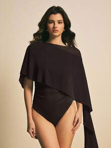 Poéselle Women's Solid Color Asymmetric Design Ruched Bodysuit - Mocha Brown - View 9