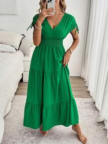 Louniche Women's Solid Color V-Neck Ruched Waist Elegant Midi Dress, Suitable For Dates And Parties - Green - View 7