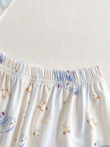 两件套男童可爱蓝白条纹鸭熊印花纽扣衬衫和裤子舒适阻燃睡衣套装 - 藍色 - 查看 10