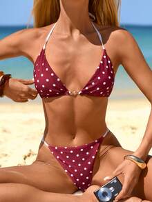 Swim Mod Women's Polka Dot Print Swimwear Set, Suitable For Beach & Vacation - Yellow - View 3