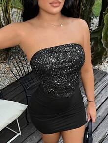 SHEIN SXY 女士闪亮性感抹胸上衣，适合约会和派对 - 黑色 - 查看 3