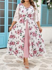 SHEIN CURVE+ Curve 尺码 US22 音乐节、海滨度假、波西米亚风女士粉色印花短袖假日风长连衣裙，适合派对、婚礼和度假 - 粉色 - 查看 8